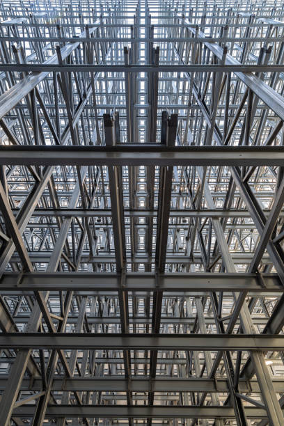 Steel structure of a high rack warehouse on a construction site