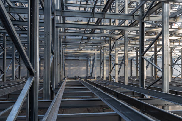 istock Steel structure of a high rack warehouse 1269487800
