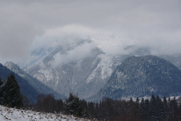 istock Mountain peaks shrouded in fog 1269487816