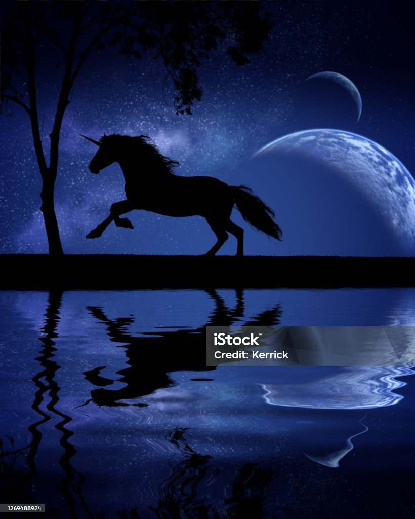 Silhouette of a galloping horse - unicorn -  in front of milky way and reflecting lake Silhouette of a galloping horse in front of milky way and reflecting lake Unicorn Stock Photo