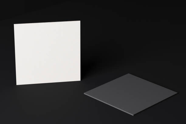 istock White square shape paper business card mockup on black modern fabric table background. Branding presentation template print graphic design. Two cards mock up. 3D illustration rendering 1269493511