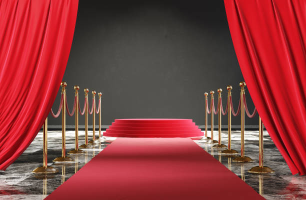 istock Interior with curtains, black wall and golden barrier. 1269494300
