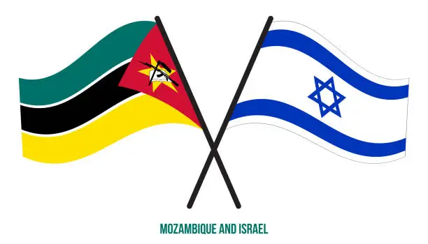 Vector illustration of Mozambique and Israel Flags Crossed And Waving Flat Style. Official Proportion. Correct Colors.