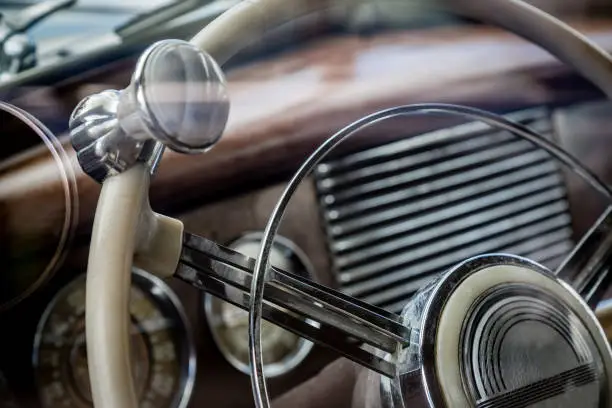 Photo of Close-up of a steering wheel in vintage car