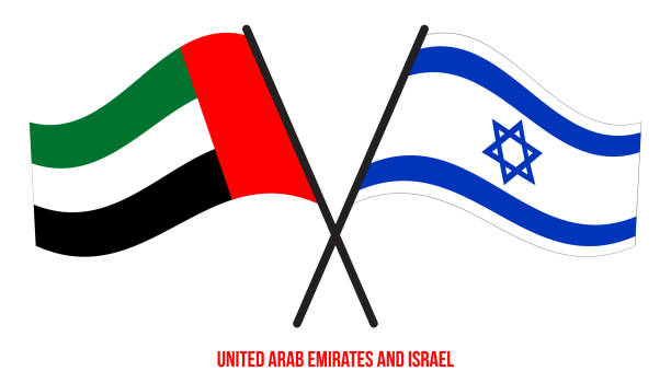 illustrazioni stock, clip art, cartoni animati e icone di tendenza di emirati arabi uniti e bandiere israeliane attraversavano e sventolavano lo stile piatto. proporzione ufficiale. - united arab emirates flag united arab emirates flag interface icons