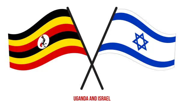 Vector illustration of Uganda and Israel Flags Crossed And Waving Flat Style. Official Proportion. Correct Colors.