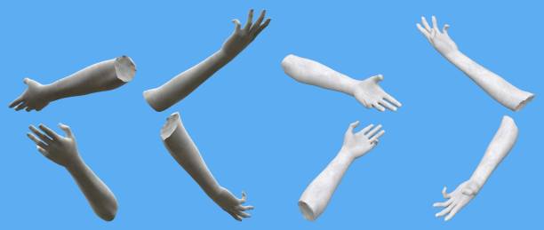 istock 8 grey stone statue hand realistic renders isolated on blue, lights and shadows distribution example for artists or painters - 3d illustration of object 1269500584