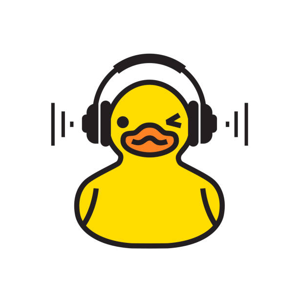 ilustraciones, imágenes clip art, dibujos animados e iconos de stock de pato amarillo en el icono de los auriculares - rubber duck