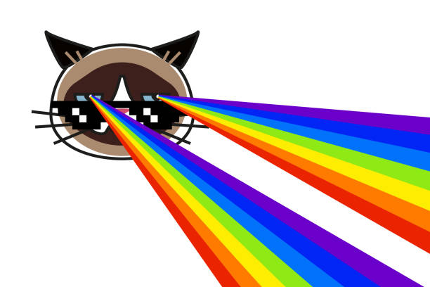 grumpy katze in pixel-brille mit regenbogen-laser aus den augen - mega pixels stock-grafiken, -clipart, -cartoons und -symbole