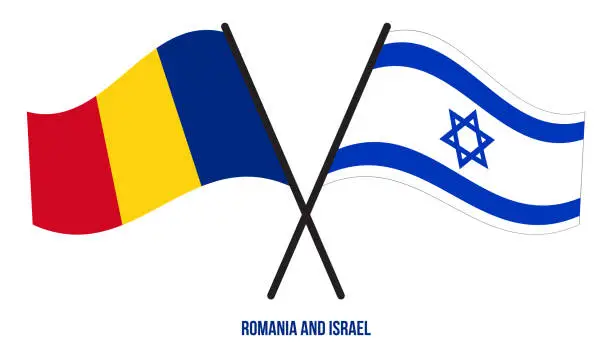 Vector illustration of Romania and Israel Flags Crossed And Waving Flat Style. Official Proportion. Correct Colors.