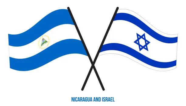 Vector illustration of Nicaragua and Israel Flags Crossed And Waving Flat Style. Official Proportion. Correct Colors.