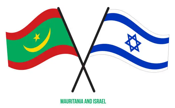 Vector illustration of Mauritania and Israel Flags Crossed And Waving Flat Style. Official Proportion. Correct Colors.