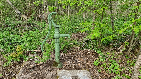 Close up view of green old retro water pump outdoors on green forest background.
