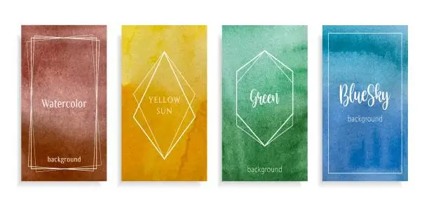 Vector illustration of Abstract watercolor blue, braun, yellow, green background with transitions color sun, grass, leafs, sea, sky, earth and soil. Design template for banner with text in Artdeco frame. Grunge vector illustration.
