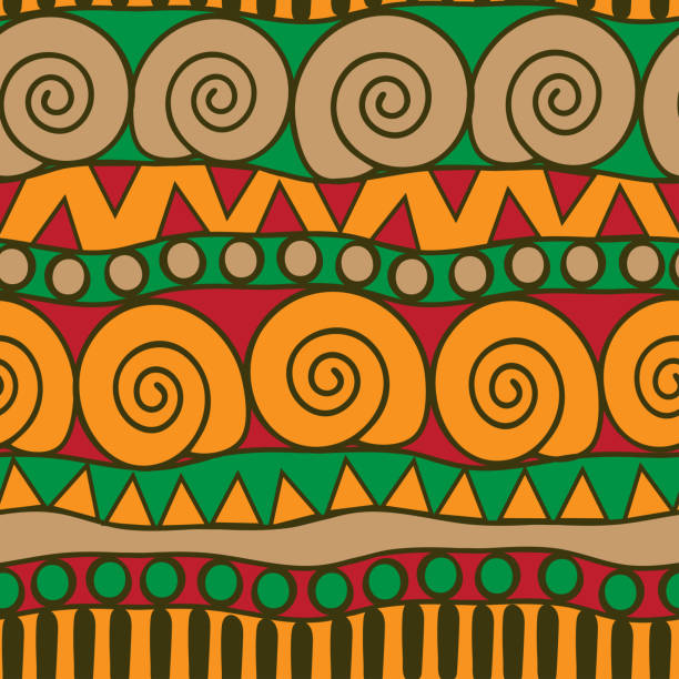 nahtlose vektor-muster-textur mit afrikanischem stil. reggae tapetendesign mit grünen und gelben farben. stammes-mode-textil. - tribal life stock-grafiken, -clipart, -cartoons und -symbole