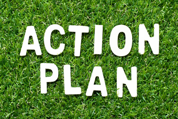 istock Wood alphabet letter in word action plan on green grass background 1269511246
