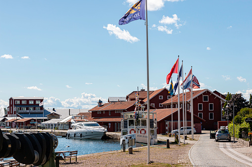 Motala Sweden August 2020\nHarbour in Motala with a big yacht and a canal cruiser