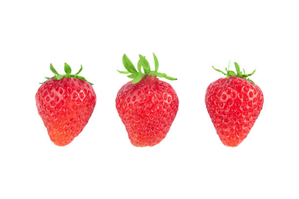 istock Three strawberry berries in a row on a white background 1269518291