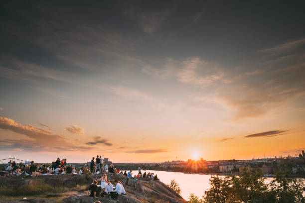 Stockholm, Sweden. Young People Resting In Skinnarviksberget Mountain Party Place During Summer Sunset Stockholm, Sweden - June 29, 2019: Young People Resting In Skinnarviksberget Mountain Party Place During Summer Sunset. Popular Place. sodermalm photos stock pictures, royalty-free photos & images