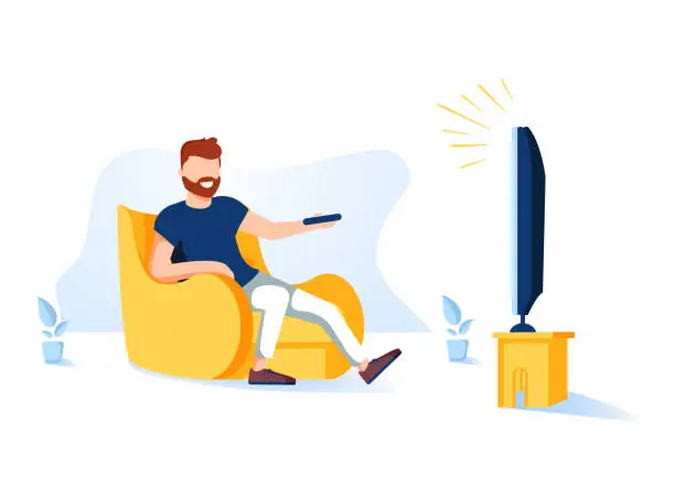 Vector illustration of Cartoon vector illustration of man sitting on the couch and watching TV. Funny characters on isolated background.