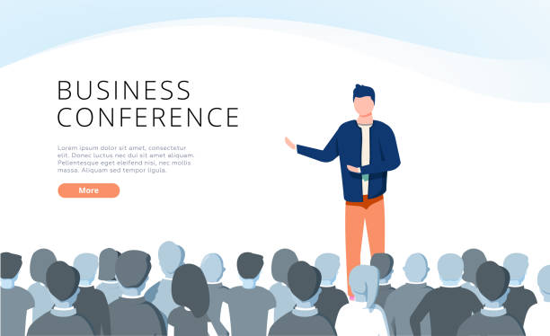 Speaker at Business Conference concept illustration, perfect for web design, banner, mobile app, landing page Speaker at Business Conference concept illustration, perfect for web design, banner, mobile app, landing page, vector flat design. Online conference landing page. Website UI interface. Vector man presentation stock illustrations