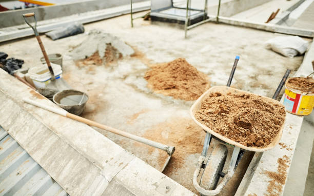 Roof construction in process Shot of construction material with tools at a site building sand stock pictures, royalty-free photos & images