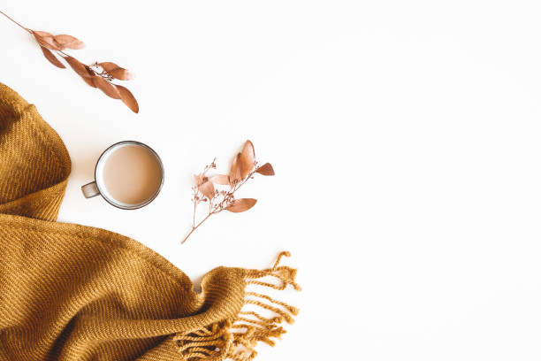 istock Autumn composition. Cup of coffee, plaid on white background. Autumn, fall concept. Flat lay, top view 1269521825