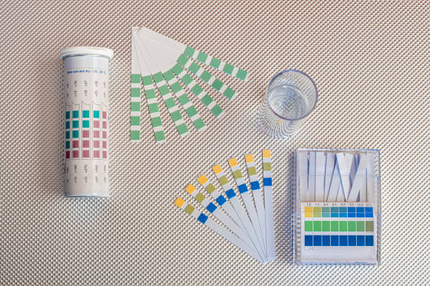 water analysis kit, ph test strips and total hardness test strips and a test tube with water