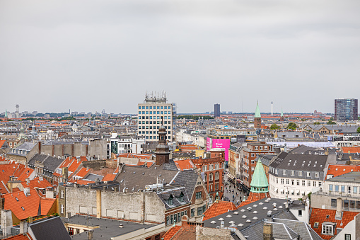 Copenhagen, Denmark, August 5, 2020: View over the old part of Copenhagen from a tall building with a view to the northern part of town