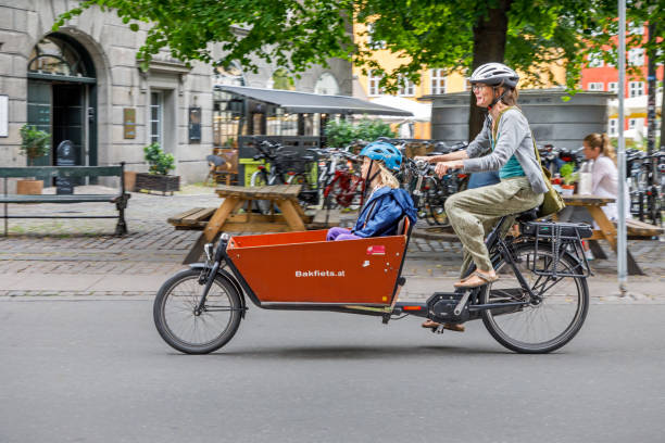 Mother and child on a cargo bike Copenhagen, Denmark, August 5, 2020: Mother and child on a cargo bike in the center of the Danish capital cargo bike photos stock pictures, royalty-free photos & images