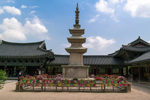 July 26, 2020 in Gyeongju, South Korea: Artistic view of the Seokgatap of Bulguksa Temple, a World Heritage Site