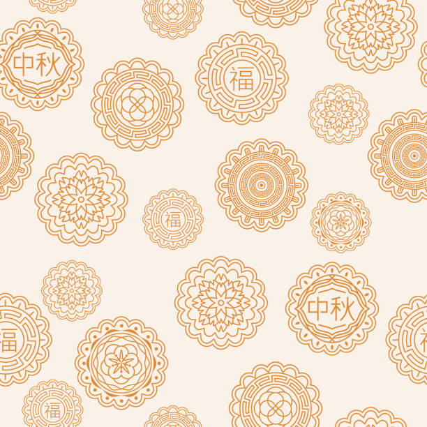 Mooncakes seamless pattern Seamless pattern of round ornamental cookies, outline mooncakes for Mid Autumn festival. Vector illustration. Chinese translation is blessing and Mid Autumn. moon cake stock illustrations