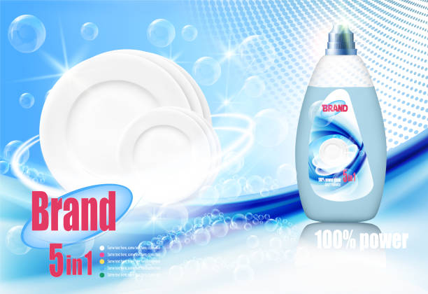 stos czystych talerzy i dwóch szklanek w piance mydlanej i bubblies z butelki do mycia. realistyczne naczynia do mycia naczyń do projektowania reklam detergentów do mycia naczyń. wektor - dishwashing detergent stock illustrations