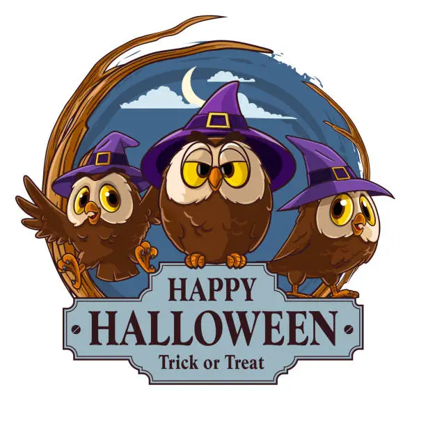 Vector illustration of owls with wizard hat in halloween horror scenery