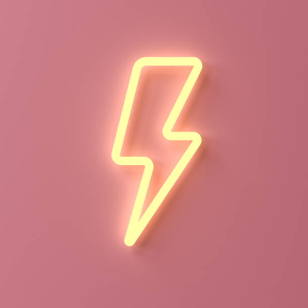 Yellow neon thunder or lightning isolated on pink pastel color wall background with shadow Yellow neon thunder or lightning isolated on pink pastel color wall background with shadow 3D rendering thunder bolt 3d stock pictures, royalty-free photos & images