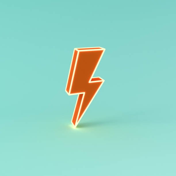 3d neon light thunder or orange lightning isolated on green blue pastel color background with shadow