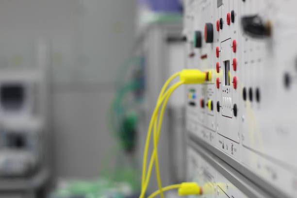 istock Front panel of electrical equipment with commutation wires and devices. 1269532692