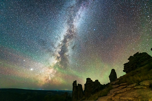 The Milky Way crosses the stone forest of ashhatu, Inner Mongolia, China