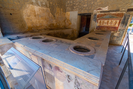 Thermopolium of Vetutius Placidus. A forerunner of today's restaurant at the ancient Roman city of Pompeii.