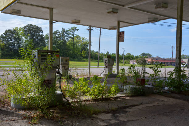 Three overgrown gas pumps beneath a canopy.