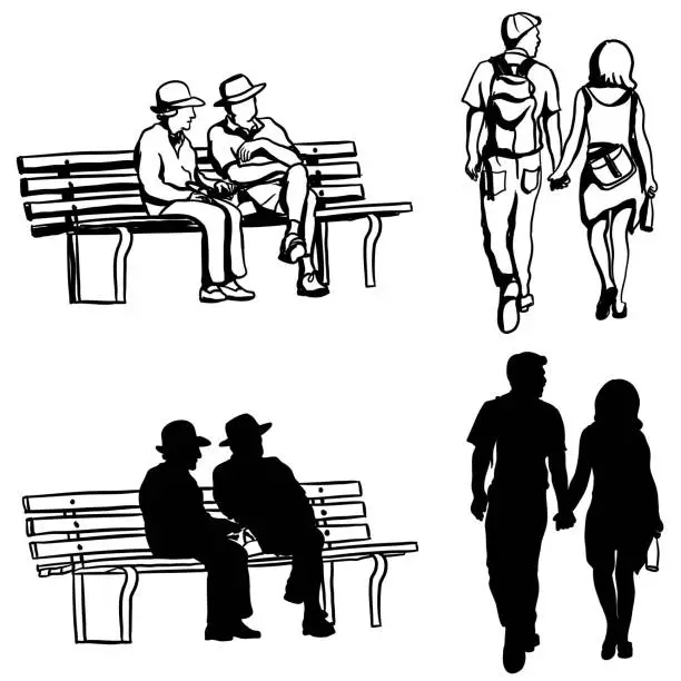 Vector illustration of Old And Young Couples Silhouette