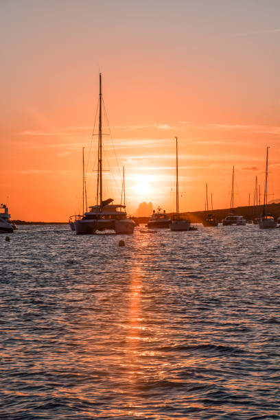 Silhouette of an anchored group of boats at a cove in Ibiza during sunset
