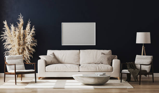 istock Blank picture frame mock up in blue room interior , 3d rendering 1269545758