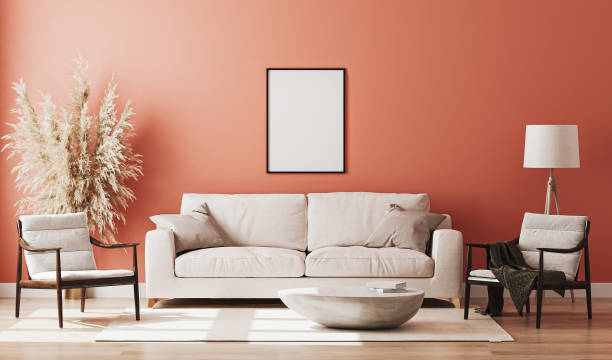 istock Blank picture frame mock up in red room interior , 3d rendering 1269545765