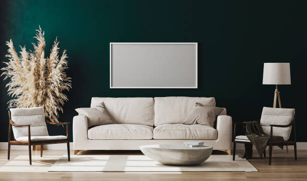 istock Blank picture frame mock up in blue room interior , 3d rendering 1269545788