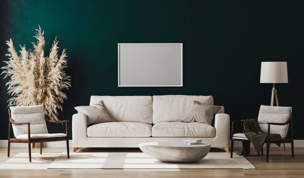 istock Blank picture frame mock up in blue room interior , 3d rendering 1269545793