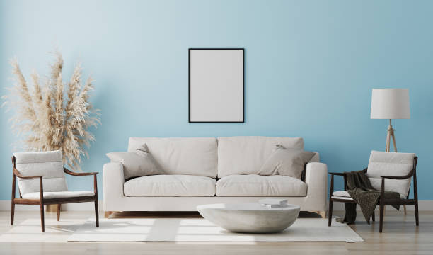 istock Blank picture frame mock up in light blue room interior , 3d rendering 1269545796