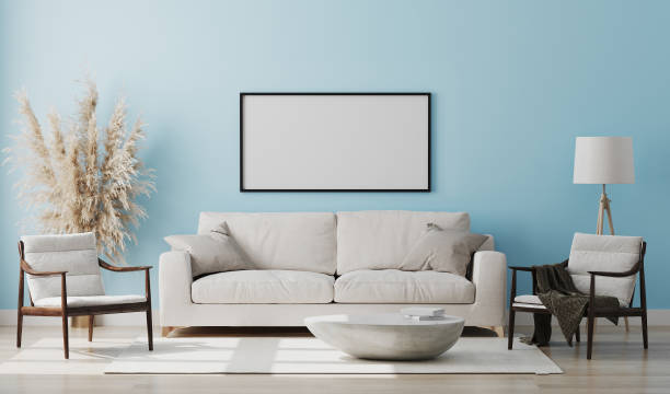 istock Blank picture frame mock up in light blue room interior , 3d rendering 1269545798