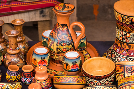 Colorful pottery, craft market of Pisac, near Cusco, Peru