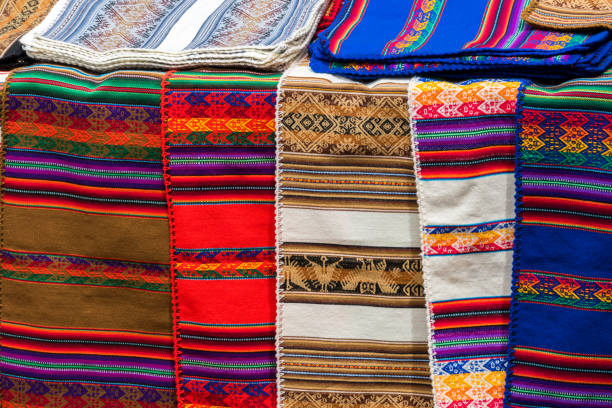 istock Peruvian traditional colourful handicraft textile fabric in Cusco, Peru 1269553923